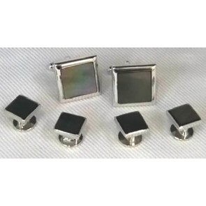 Cufflinks Studs BLACK MOTHER of PEARL SQUARE Set Silver