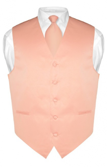 Mens Solid Satin Peach Vest & Self Tie Necktie Set