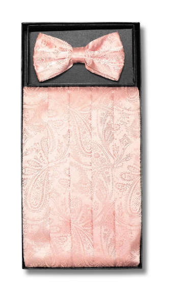 Mens Peach Paisley Pattern Cummerbund and Bowtie Set with Self tie Bowtie Option