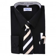 Boys Black Dress Shirt Tie and Hanky Set