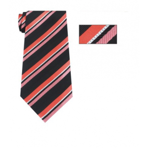 Mens Coral  Striped Skinny Necktie with Matching Pocket Square