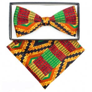 Kente Cloth Bowtie and pocket Square Set Mens Kwanzaa African Print Bow Tie