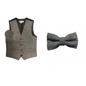Mens Black and Grey Rustic Slim Fit Wool Tweed Vest with inner pocket