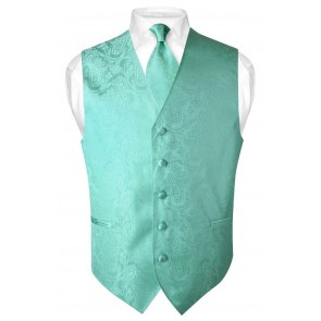 Mens Paisley Tone On Tone Aqua Mint Vest with Tie Set