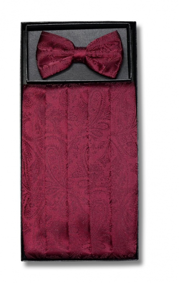 Mens Burgundy Paisley Pattern Cummerbund and Bowtie Set with Self tie Bowtie Option