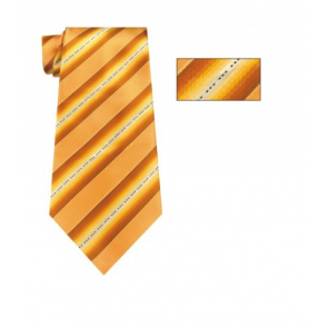 Mens Gold and White Striped Skinny Necktie with Matching Pocket Square