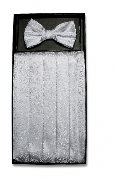 Mens Silver Paisley Pattern Cummerbund and Bowtie Set with Self tie Bowtie Option