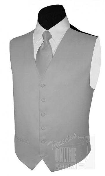 Mens Solid Satin Silver Vest & Self Tie Necktie Set
