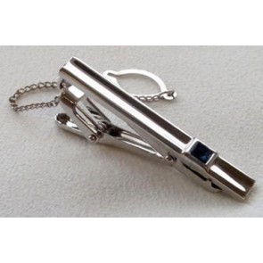 Tie Bar Square Navy Blue Faceted Stone Silver Finish