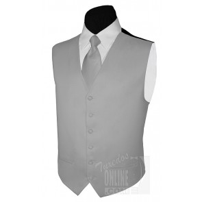 Mens Solid Satin Silver Vest & Self Tie Necktie Set
