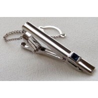 Tie Bar Square Navy Blue Faceted Stone Silver Finish