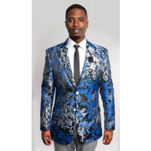 Mens Blazer Blue black and White Paisley Print  Sports coats- Blazer-Prom-Weddings