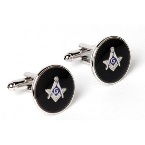 Cufflinks Masonic Round Black Background Silver Cuff Links