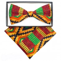 Kente Cloth Bowtie and pocket Square Set Mens Kwanzaa African Print Bow Tie
