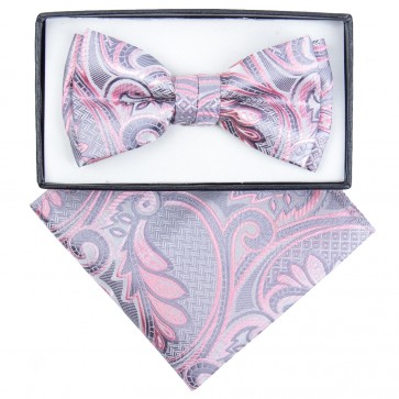 Boys Silver Flower Paisley Pattern Bowtie and pocket square