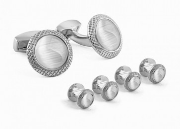 Tateossian Gray Stone Cufflinks and Studs in Silver Rhodium Plated