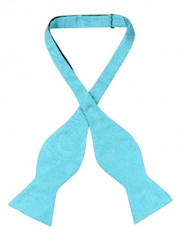 Mens Paisley Satin Self tie Bowtie Turquoise