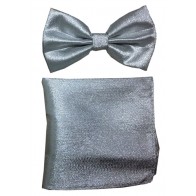 Polyester Metallic Lame Silver Bowtie with Pocket Square Set