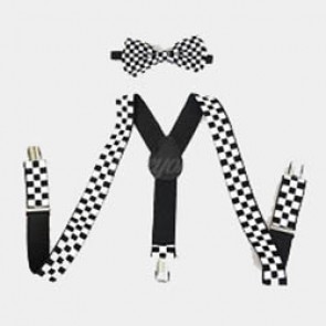 Boys Black and White Checkered Suspender and Bow Tie Set