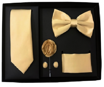 Mens Gold 5 Piece Gift Box Set Tie Bow-Tie Lapel Pin Handkerchief and Cufflinks