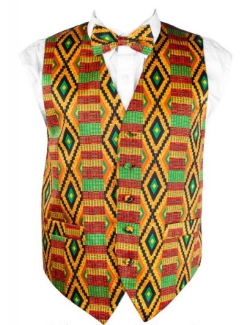 Kente Cloth African Print Vest and Bowtie 2 Piece Set