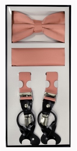 Men's Suspender Bow Tie and Pocket Square Sets with Clips or Buttons Wedding Colors
