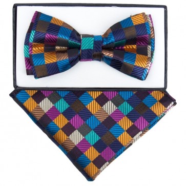 Boys Multi Color Checkered Pattern Bowtie and pocket square