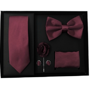 Mens Burbundy 5 Piece Gift Box Set Tie Bow-Tie Lapel Pin Handkerchief and Cufflinks
