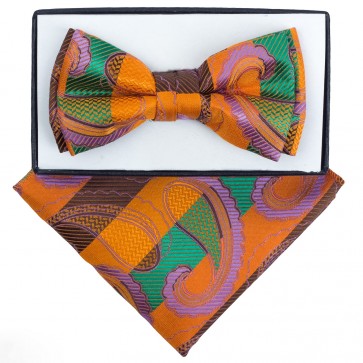 Boys Orange and Purple  Paisley Pattern Bowtie and pocket square