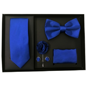 Mens Royal Blue 5 Piece Gift Box Set Tie Bow-Tie Lapel Pin Handkerchief and Cufflinks