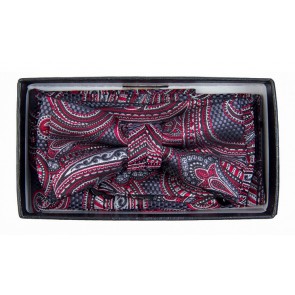 Boys Grey and Red Paisley Pattern Bowtie and pocket square