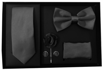 Mens Black 5 Piece Gift Box Set Tie Bow-Tie Lapel Pin Handkerchief and Cufflinks