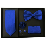 Mens Royal Blue 5 Piece Gift Box Set Tie Bow-Tie Lapel Pin Handkerchief and Cufflinks 