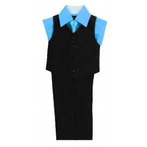 Boys Turquoise Shirt and Black Vest 4-Piece Set