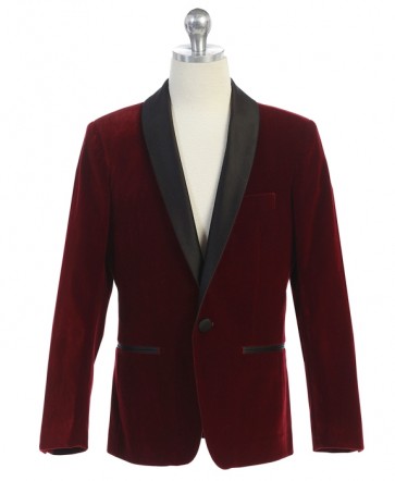 Boys Burgundy Coat with Black lapel Velvet Shawl lapel Sports Coat Only- Blazer- Jacket-Kids