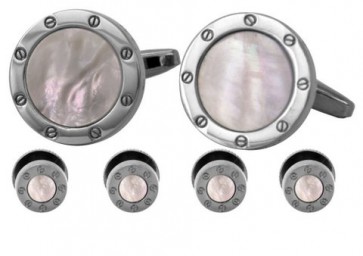 Mother-of-Pearl Silver Cuff Links and Studs Set with Screw Rim