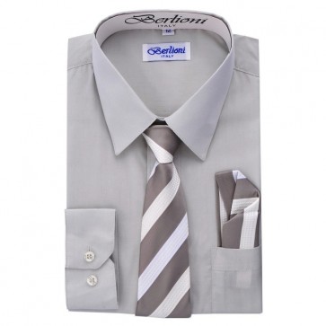 Boys Silver Dress Shirt Tie and Hanky Set