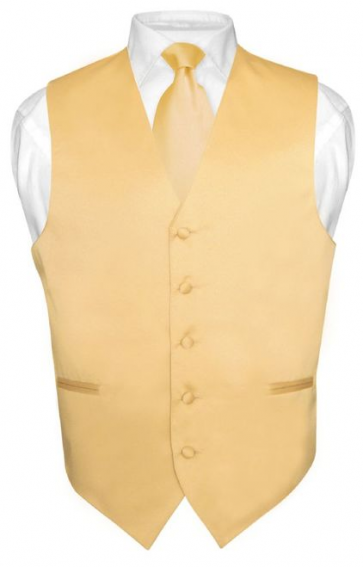 Mens Solid Satin Antique Gold Vest & Self Tie Necktie Set