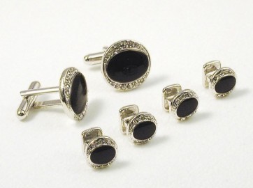 Formal Set Oval Faux Onyx With Crystal Edge Silver