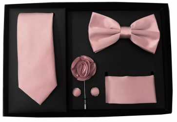 Mens Rose Gold Piece Gift Box Set Tie Bow-Tie Lapel Pin Handkerchief and Cufflinks