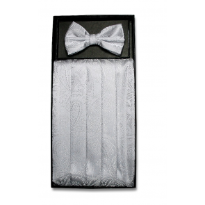 Mens Silver Paisley Pattern Cummerbund and Bowtie Set with Self tie Bowtie Option