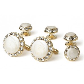 Cufflinks Studs MOTHER of PEARL CRYSTAL EDGE Set Gold