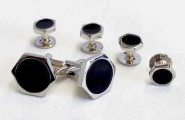 Cufflinks Studs HEXAGON BLACK Cuff Links Set Silver