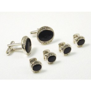 Formal Set Oval Faux Onyx With Crystal Edge Silver