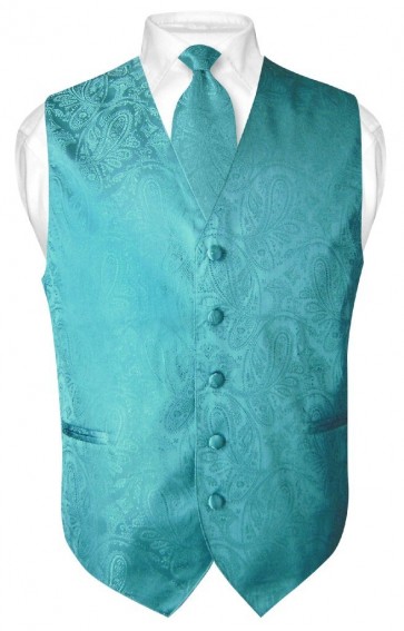 Mens Paisley Tone On Tone Turquoise Vest with Tie Set