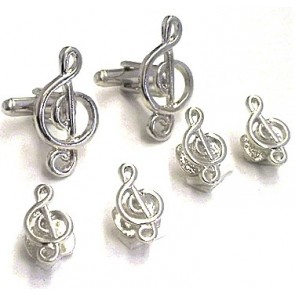 Cufflinks Studs Musical Treble Clef Silver Formal Set