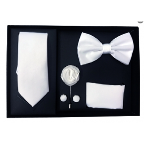 Mens White 5 Piece Gift Box Set Tie Bow-Tie Lapel Pin Handkerchief and Cufflinks