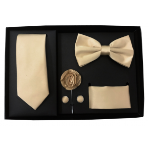 Mens Beige 5 Piece Gift Box Set Tie Bow-Tie Lapel Pin Handkerchief and Cufflinks