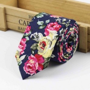 Mens Skinny Cotton Woven Floral Neck Tie in Navy