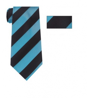 Turquoise and Black Striped Skinny Necktie with Matching Pocket Square